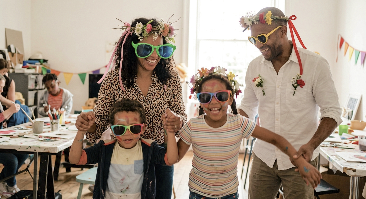 Family wearing handmade flower crowns and colorful oversized sunglasses at a Nanosarte Be the Canvas workshop