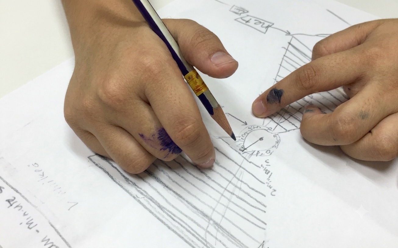 Child's hands sketching a reinvented clock design in a Nanosarte Creative Thinking workshop
