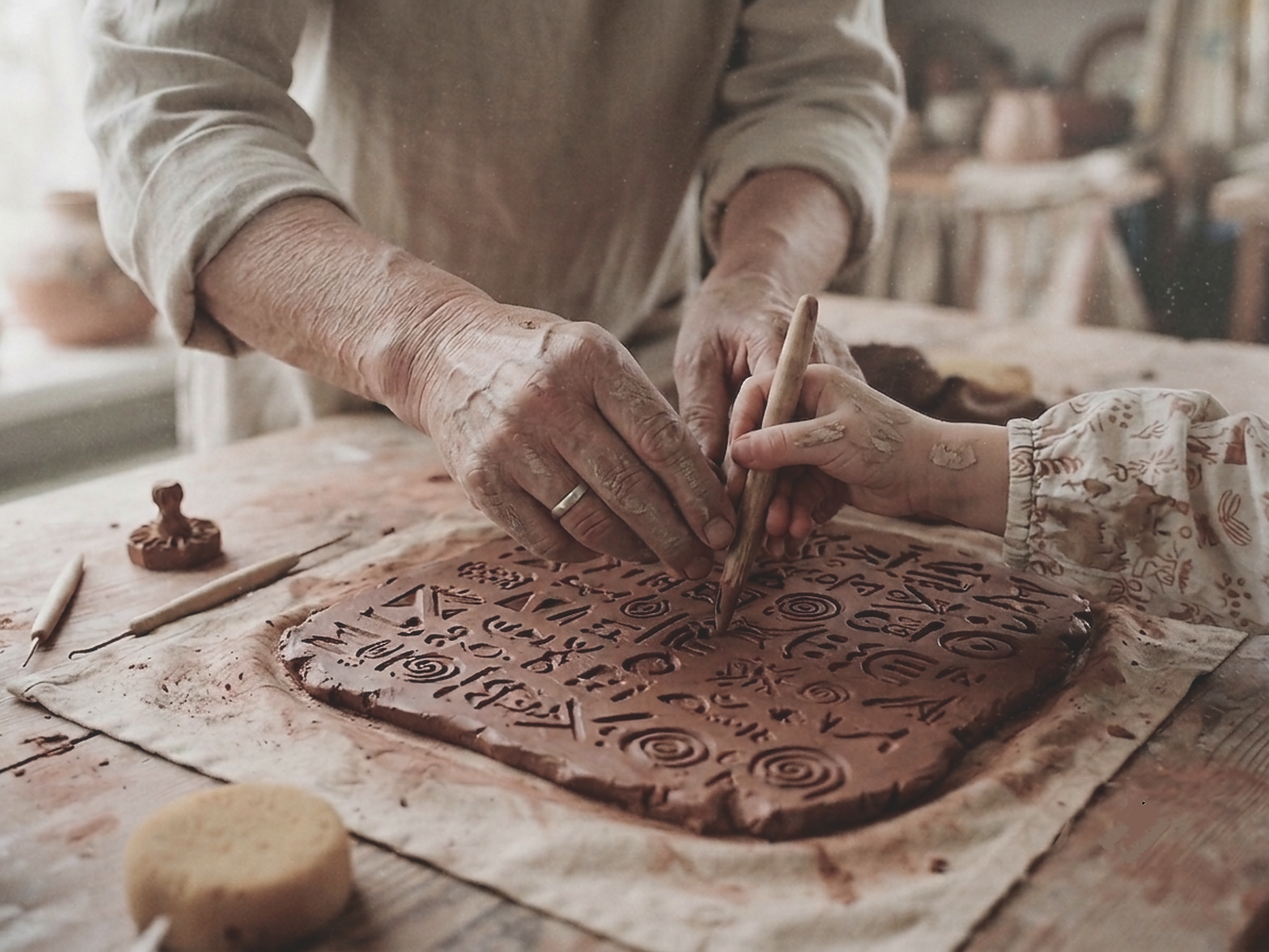 Grandparent and grandchild hands carving heritage symbols in clay at a Nanosarte workshop
