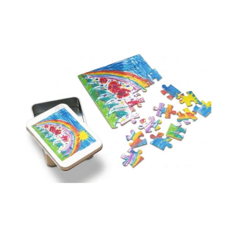 Custom jigsaw puzzle with tin, made from a child’s drawing